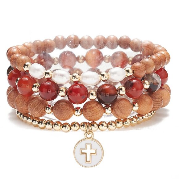 Handmade Jewelry - NWOT 4pc stacking set Natural Pearl, Agate and Wood Beaded Stretch Bracelets